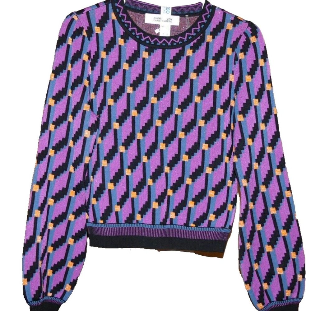 Diane Von Furstenberg Iggy Long Sleeve Knit Cube Chain Top USA Size Small